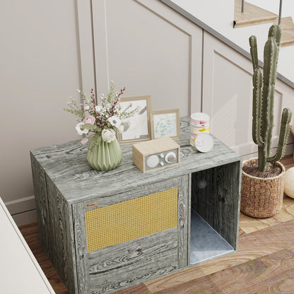 Cat Litter Box Enclosure with Rattan Door, Boho Style Hiddern Litter Box Furniture, Cat House End Side Table with Scratching Mat, Toy Ball, Non-slip Foot Pads, 80 x 50 x 50cm, Grey