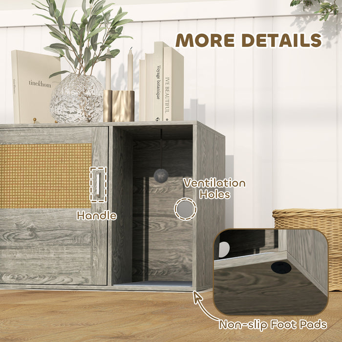 Cat Litter Box Enclosure with Rattan Door, Boho Style Hiddern Litter Box Furniture, Cat House End Side Table with Scratching Mat, Toy Ball, Non-slip Foot Pads, 80 x 50 x 50cm, Grey