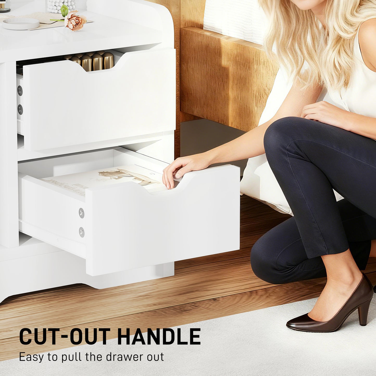 Modern Bedside Table with 2 Drawers and Open Shelves for Bedroom
