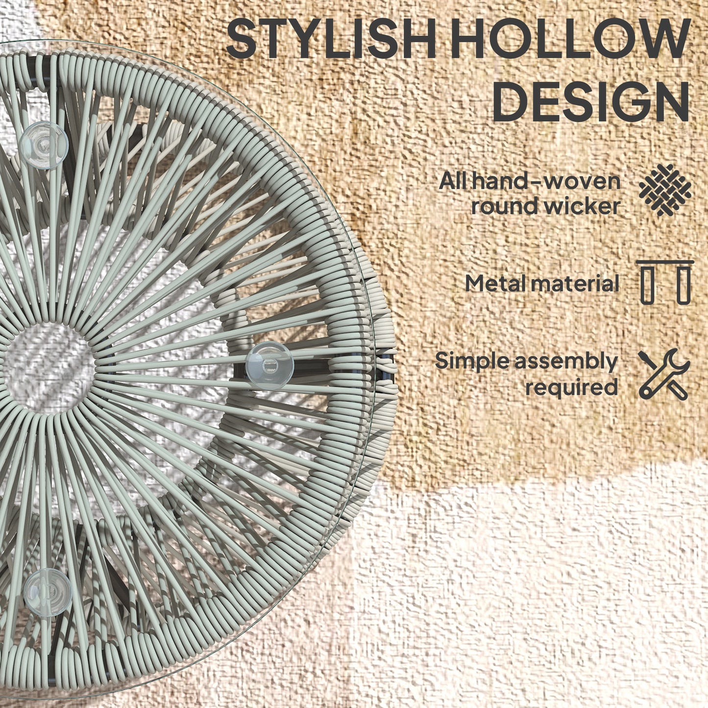 Rattan End Table, Round Hollow Drum Design Side Table, Light Grey