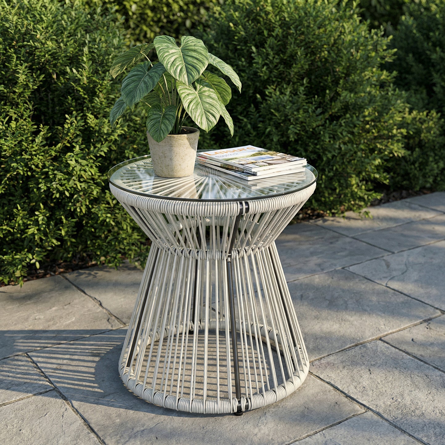Rattan End Table, Round Hollow Drum Design Side Table, Light Grey