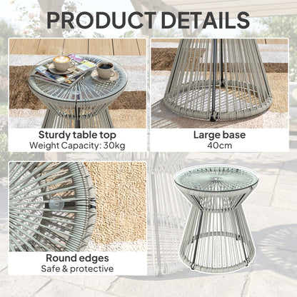 Rattan End Table, Round Hollow Drum Design Side Table, Light Grey