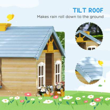 Wooden Kids Playhouse w/ Door, Windows, Bench, For 3-7 Years Blue