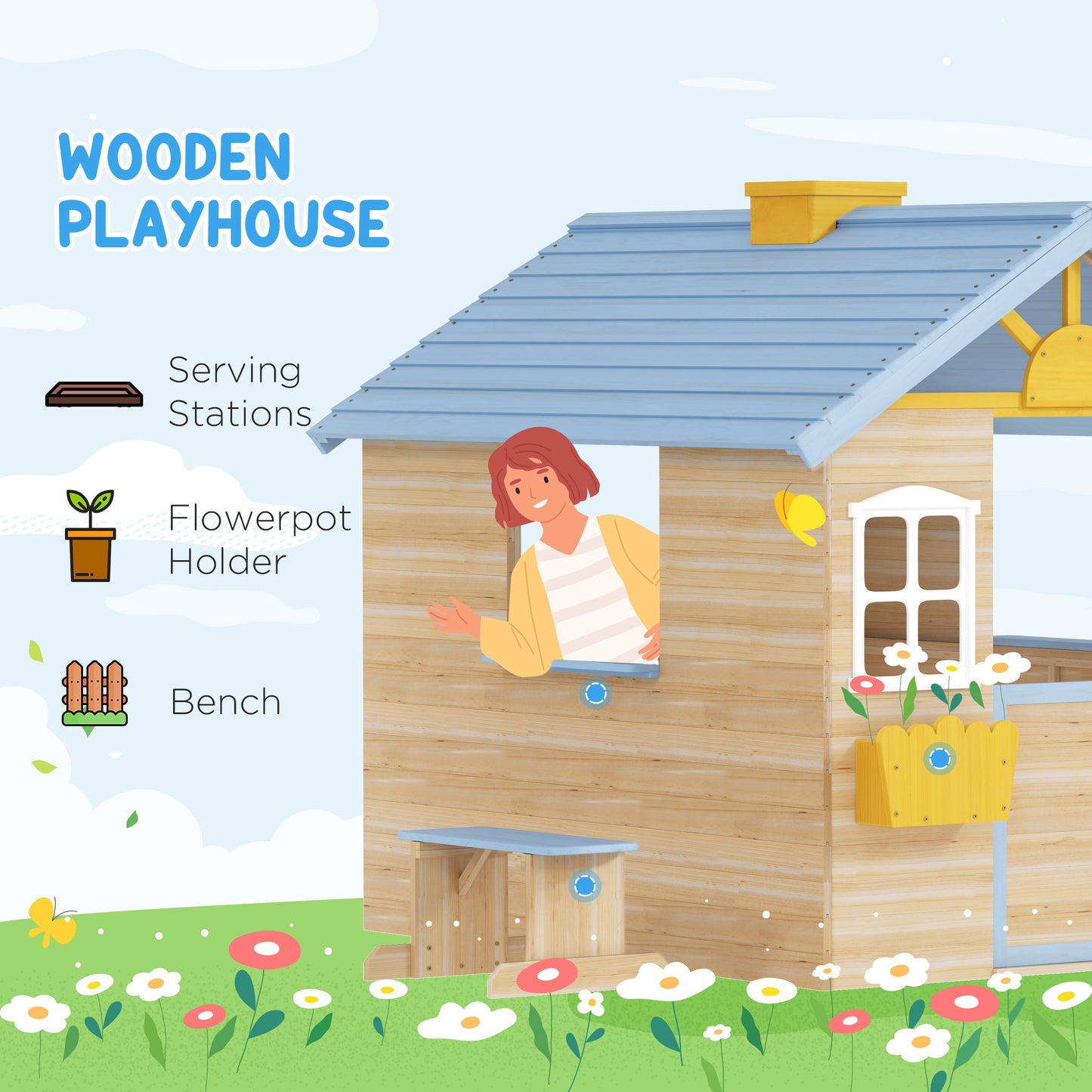 Wooden Kids Playhouse w/ Door, Windows, Bench, For 3-7 Years Blue