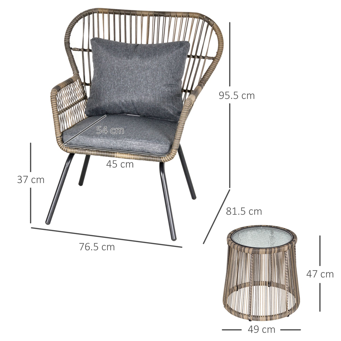 3 PCS Webbed PE Rattan Outdoor Patio Set w/ Cushions Steel Frame Grey