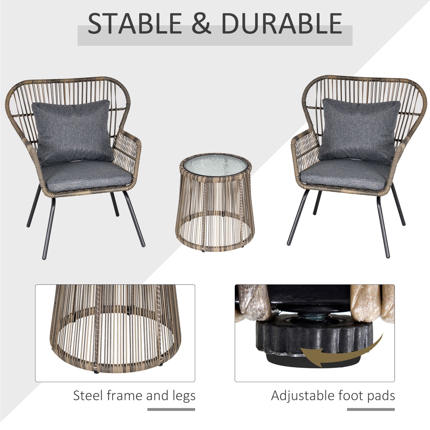 3 PCS Webbed PE Rattan Outdoor Patio Set w/ Cushions Steel Frame Grey