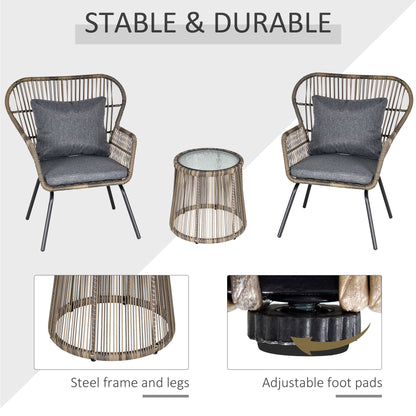 3 PCS Webbed PE Rattan Outdoor Patio Set w/ Cushions Steel Frame Grey