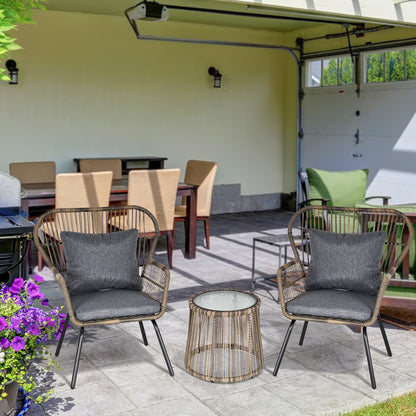 3 PCS Webbed PE Rattan Outdoor Patio Set w/ Cushions Steel Frame Grey