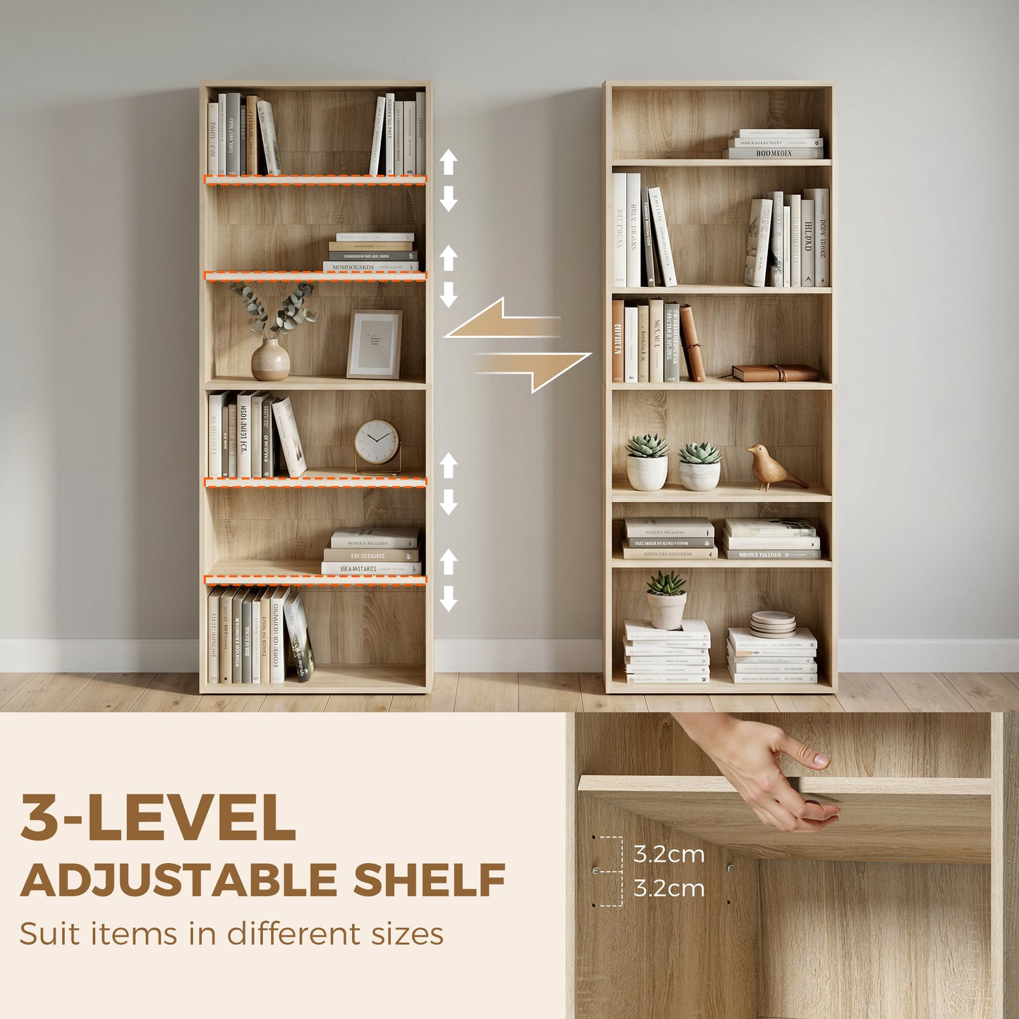 6 Tier Bookcase, Freestanding Bookshelf with Adjustable Shelves, Oak
