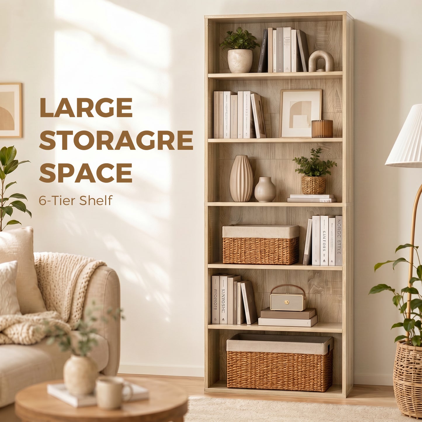 6 Tier Bookcase, Freestanding Bookshelf with Adjustable Shelves, Oak