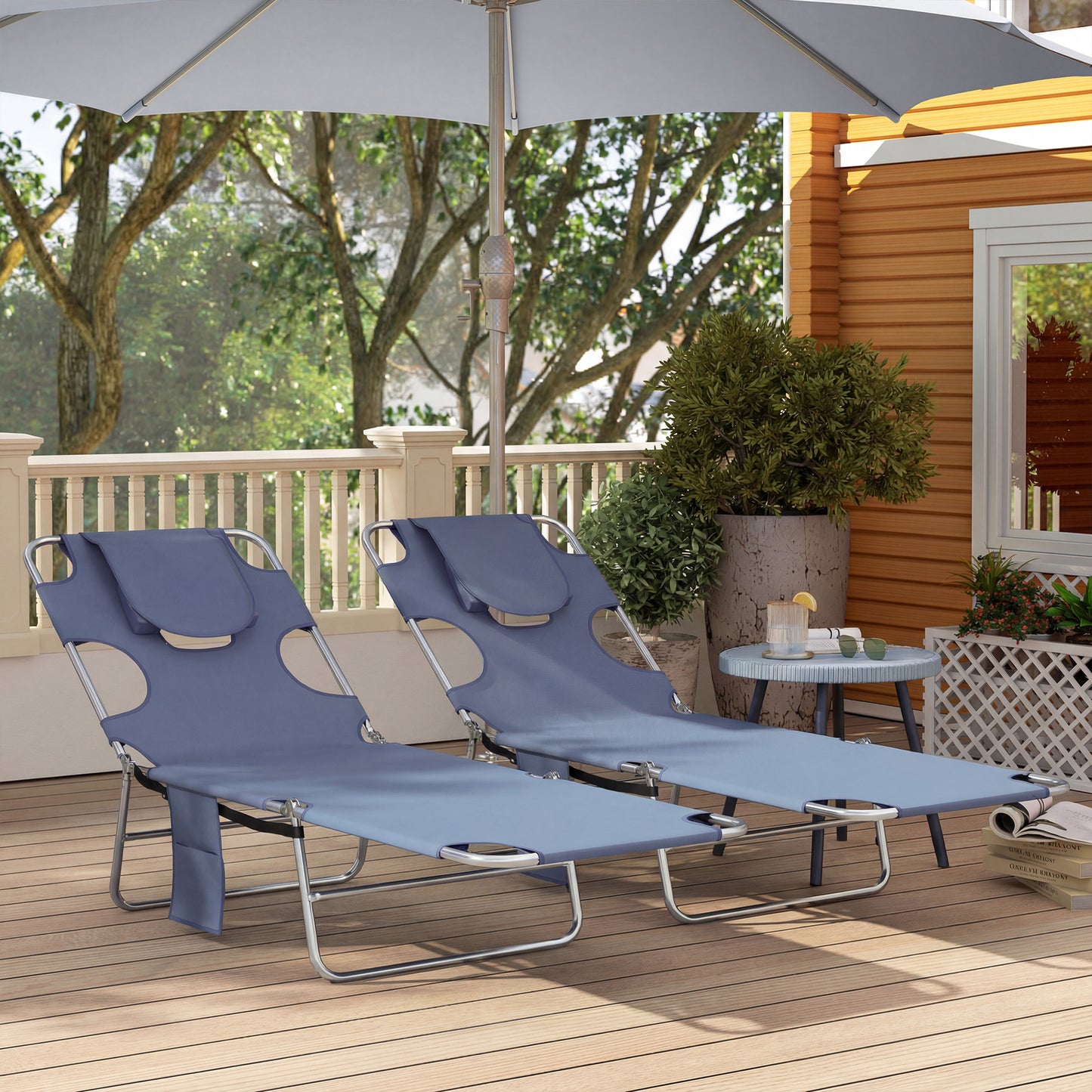 2 Sun Loungers with Reading Hole, Folding Garden Lounger, Grey