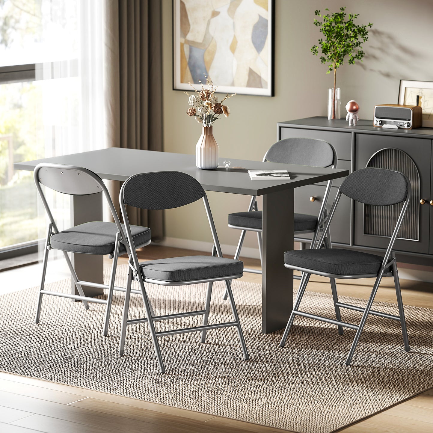Folding Chairs Set of 4 with Cushioned Seat, Steel Frame, Dark Grey