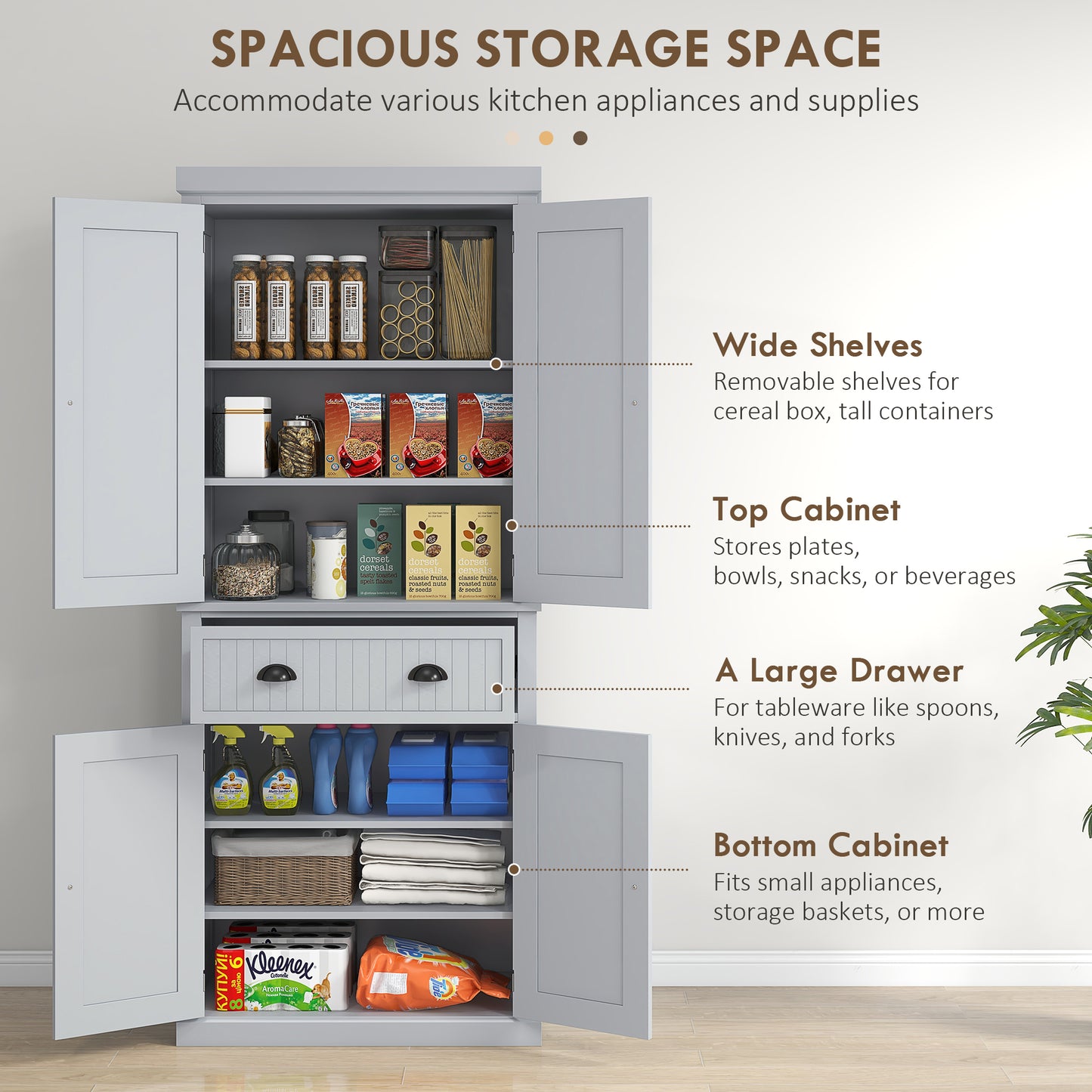 Freestanding Kitchen Storage Cabinet with Drawers and Shelves, Grey