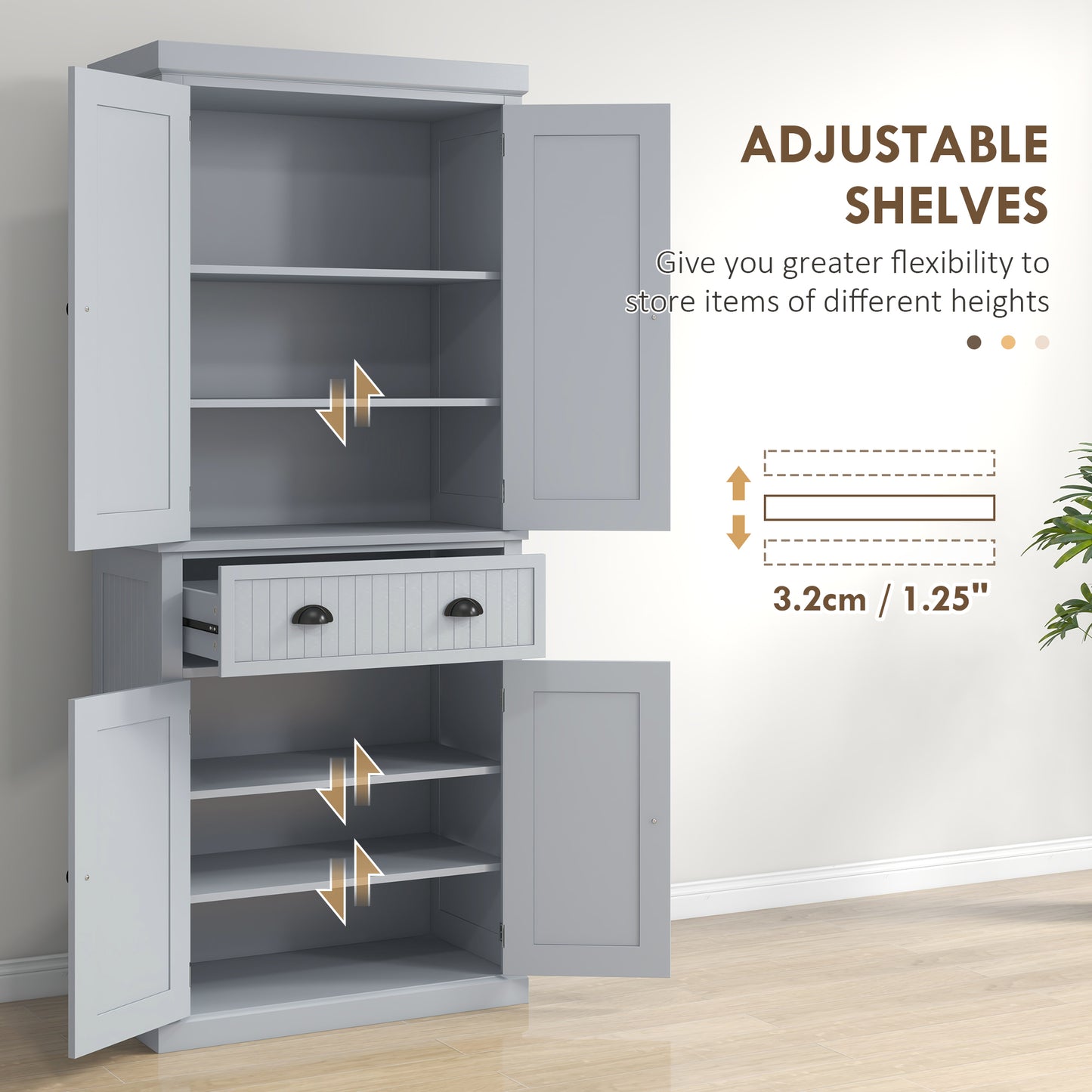 Freestanding Kitchen Storage Cabinet with Drawers and Shelves, Grey
