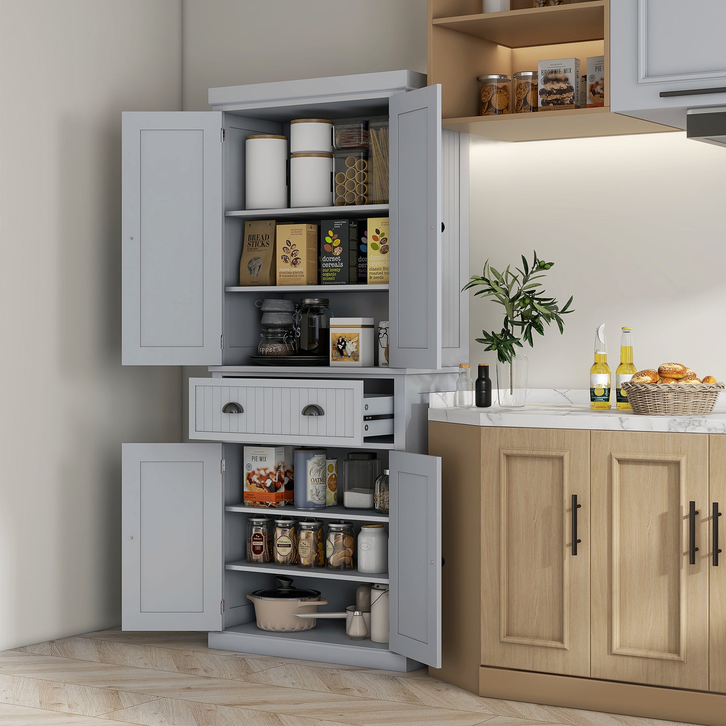 Freestanding Kitchen Storage Cabinet with Drawers and Shelves, Grey