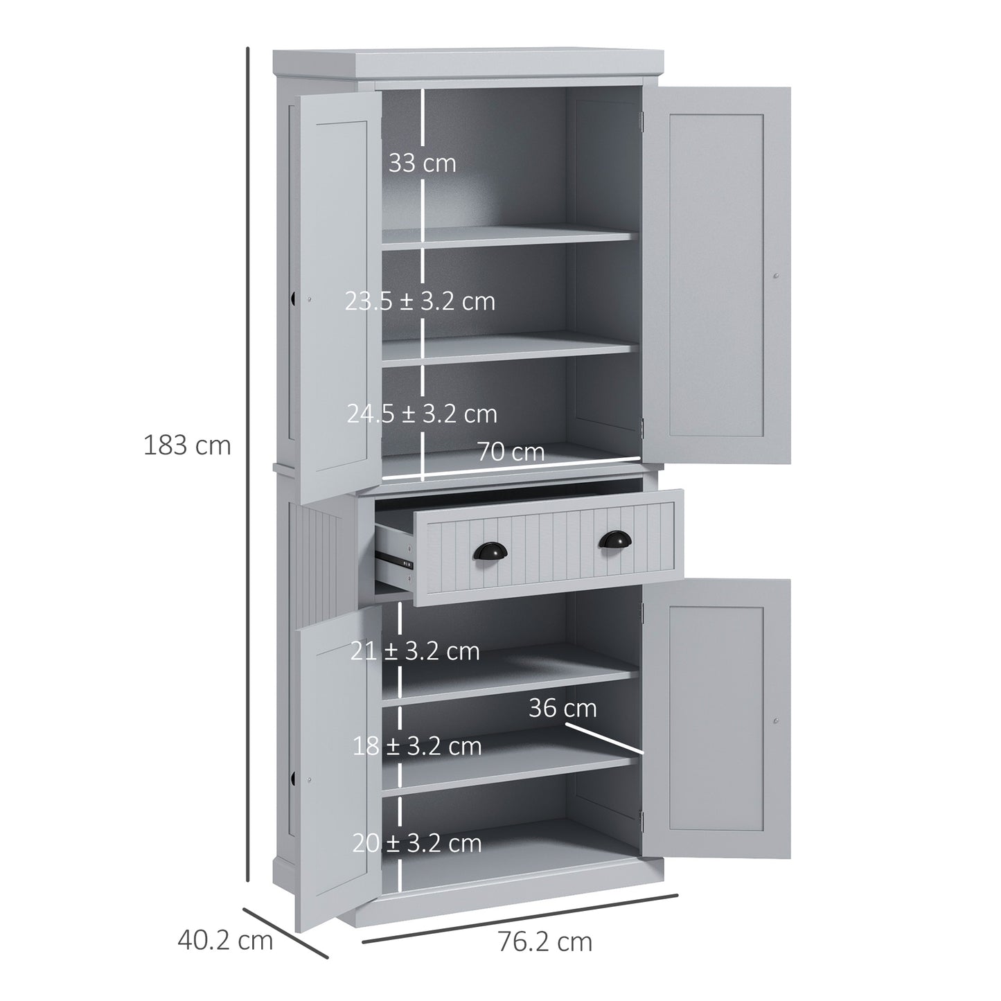 Freestanding Kitchen Storage Cabinet with Drawers and Shelves, Grey