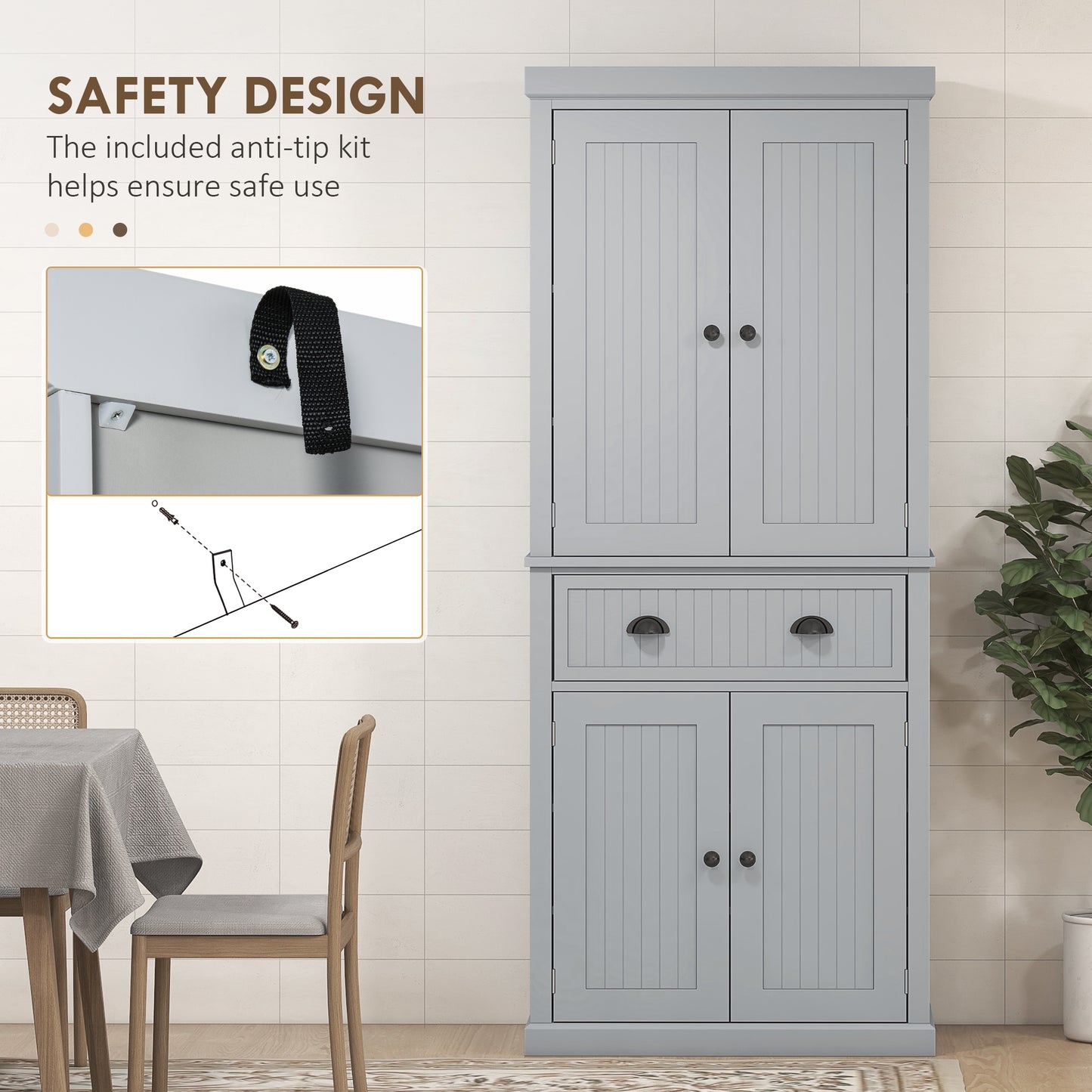 Freestanding Kitchen Storage Cabinet with Drawers and Shelves, Grey