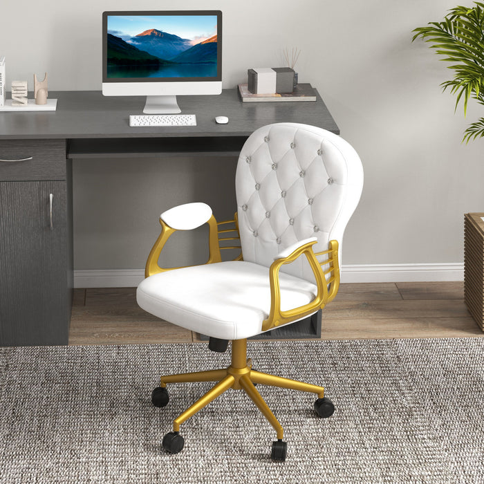 Height Adjustable Home Office Chair, Button Tufted Computer Chair with Padded Armrests and Tilt Function, Cream White