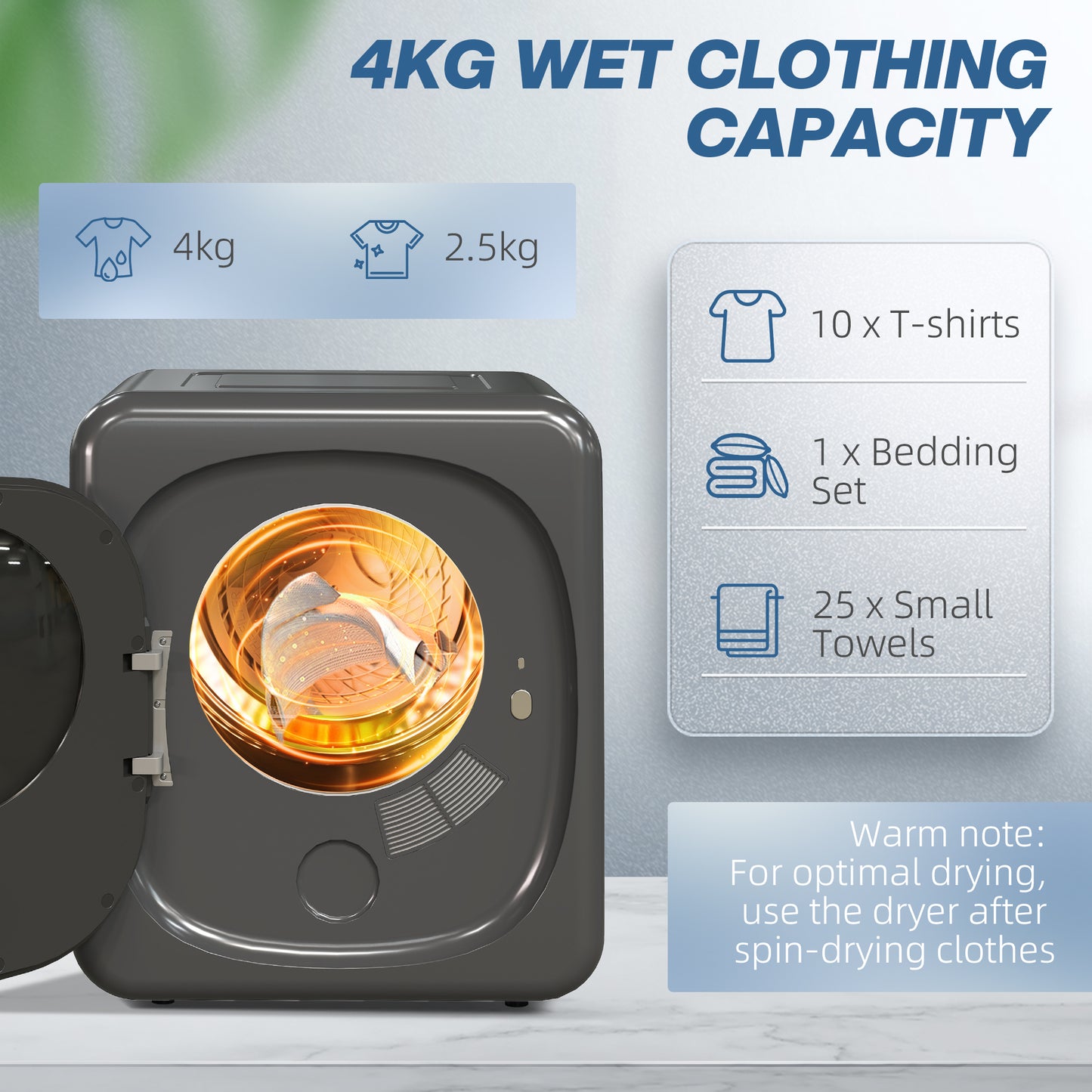 4kg 800W Vented Tumble Dryer with Deodorize, Smart Mode