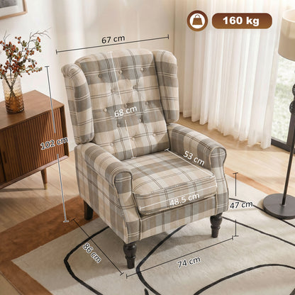 Accent Chair Wingback Armchair Retro Tufted, Khaki Plaid