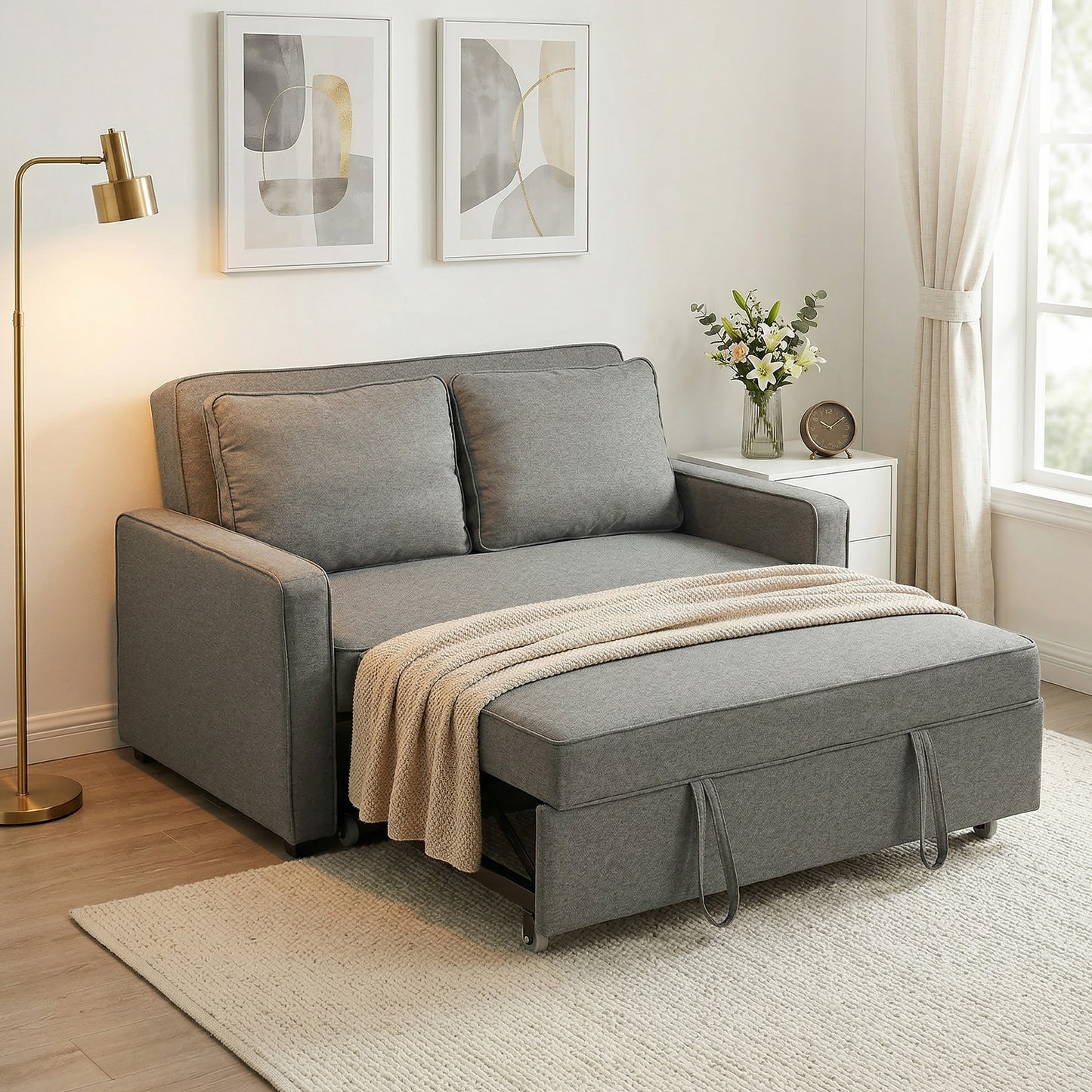 2 Seater Pull Out Sofa Bed with 2 Pillows, Fabric Click Clack Sofa Bed with Wood Core, Convertible Sleeper Sofa for Living Room, Bedroom, Grey