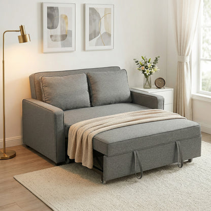 2 Seater Pull Out Sofa Bed with 2 Pillows, Fabric Click Clack Sofa Bed with Wood Core, Convertible Sleeper Sofa for Living Room, Bedroom, Grey