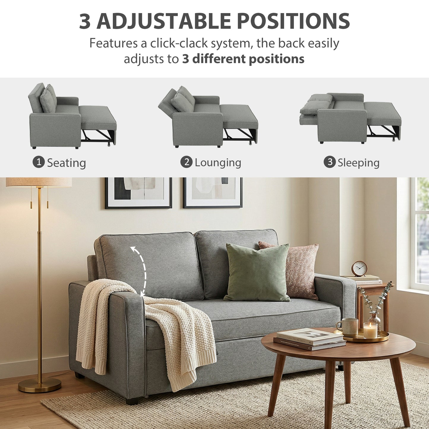 2 Seater Pull Out Sofa Bed with 2 Pillows, Fabric Click Clack Sofa Bed with Wood Core, Convertible Sleeper Sofa for Living Room, Bedroom, Grey