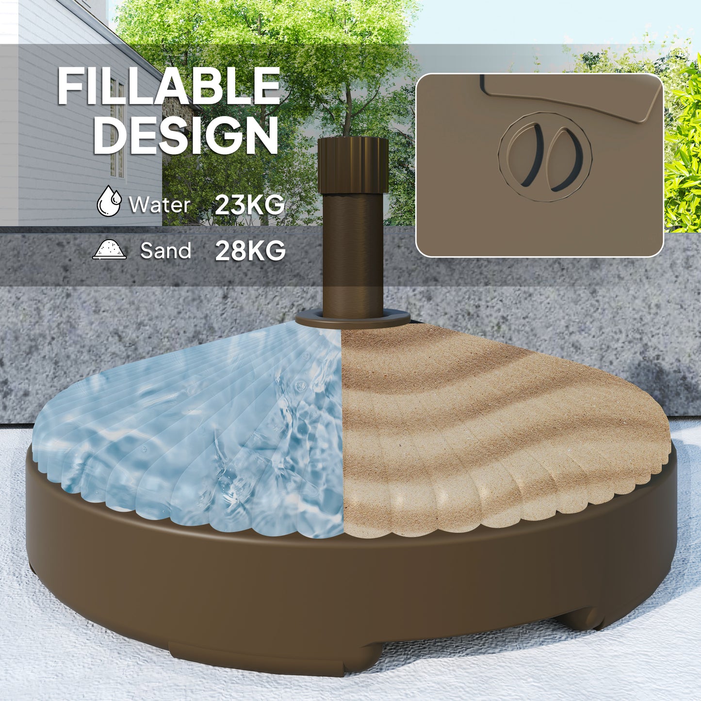 Garden Parasol Base, 28kg Sand Filled, 23kg Water Filled, Brown