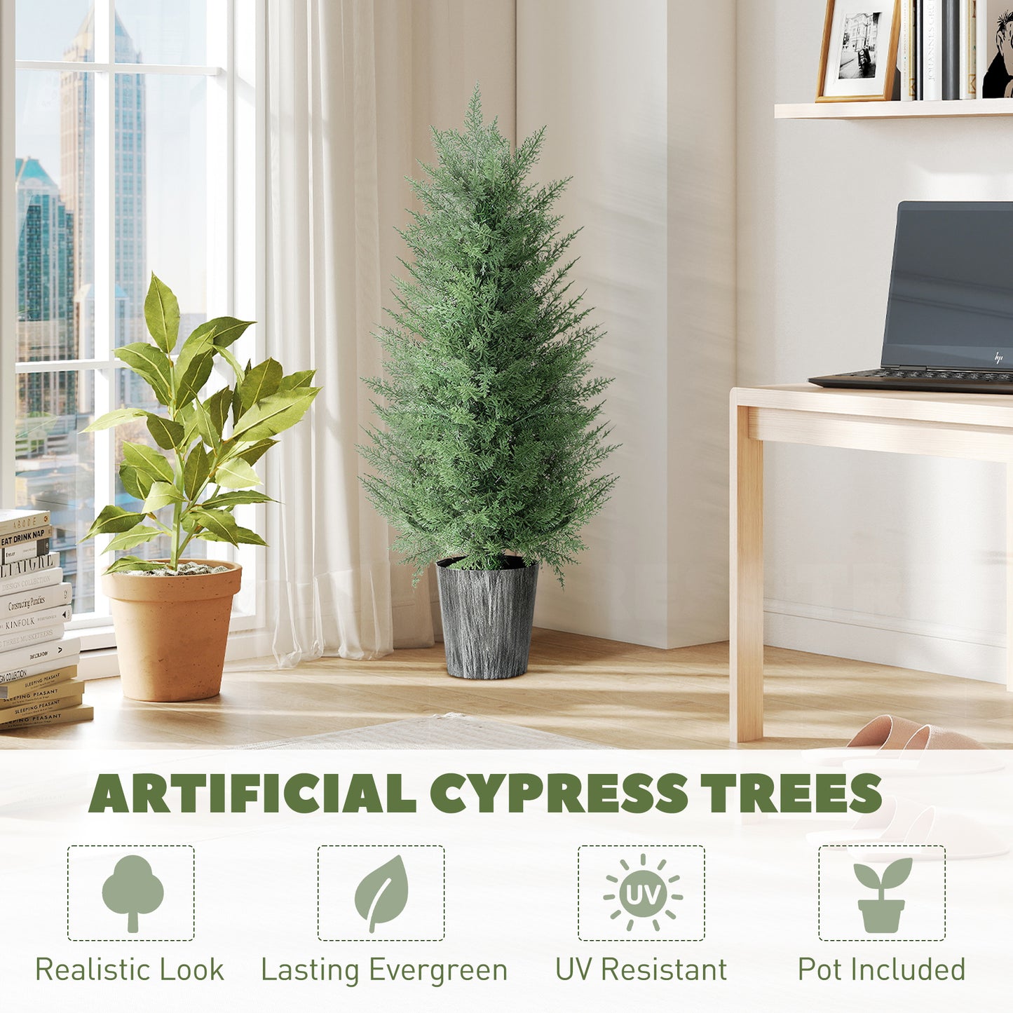 Set of 2 Artificial Cypress Trees with PE Leaves for Indoor Outdoor