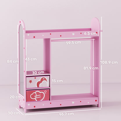 Kids Wardrobe, Kids Clothes Rail with Mirror for Bedroom, Pink