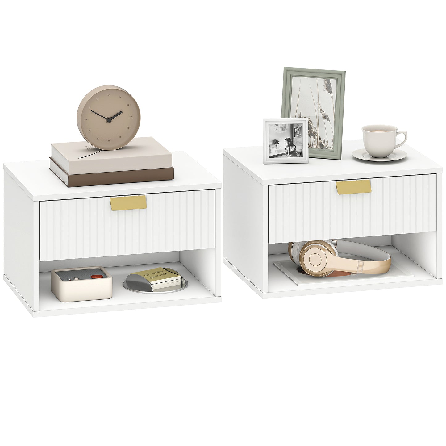 Floating Bedside Tables Set of 2 with Fluted Drawer Open Shelf White