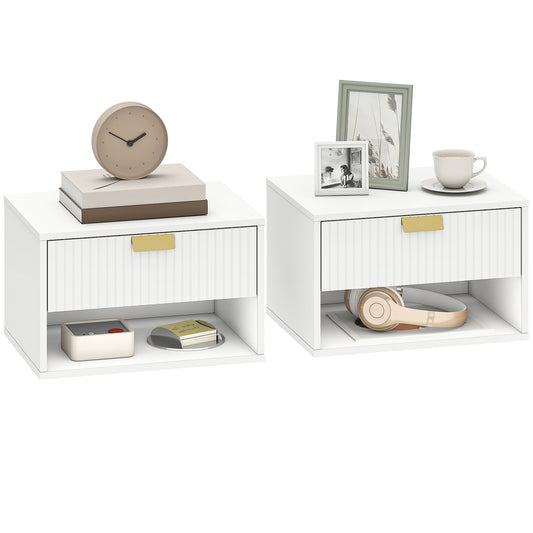 Floating Bedside Tables Set of 2 with Fluted Drawer Open Shelf White