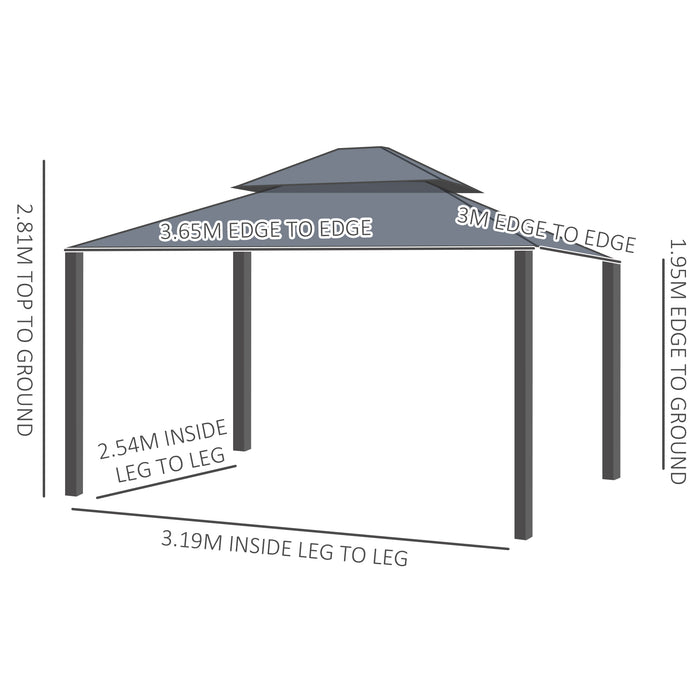 3 x 3.7m Outdoor Hardtop Gazebo Canopy Aluminum Frame with 2-Tier Roof & Mesh Netting Sidewalls for Patio, Grey