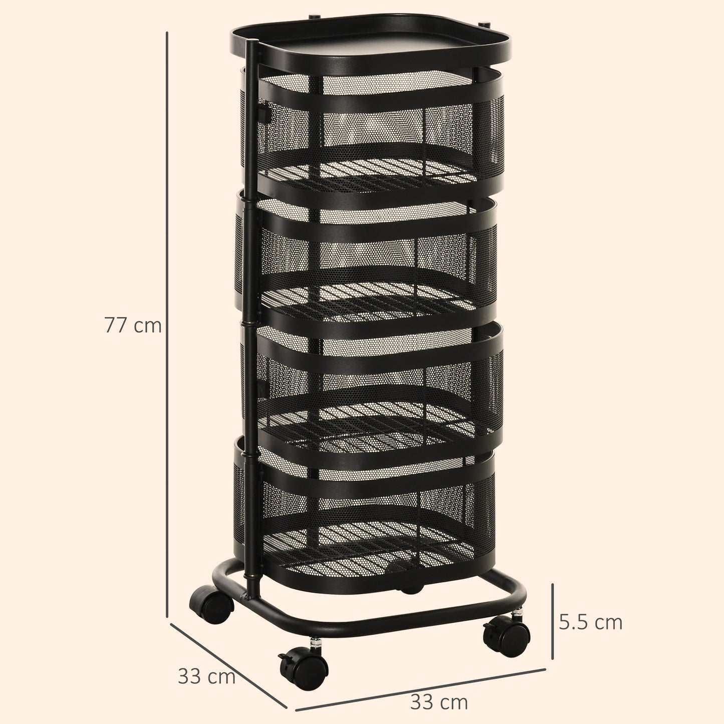 Metal Storage Cart with Top Tray and 4 Mesh Baskets, Black
