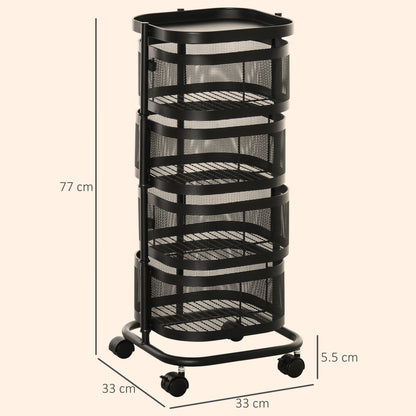 Metal Storage Cart with Top Tray and 4 Mesh Baskets, Black
