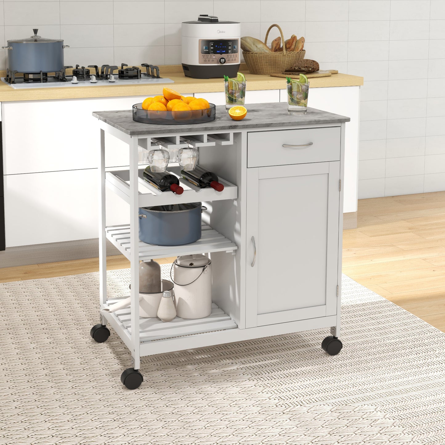 Kitchen Trolley Utility Cart W/ Wheel Wine Rack Open Shelf and Cabinet