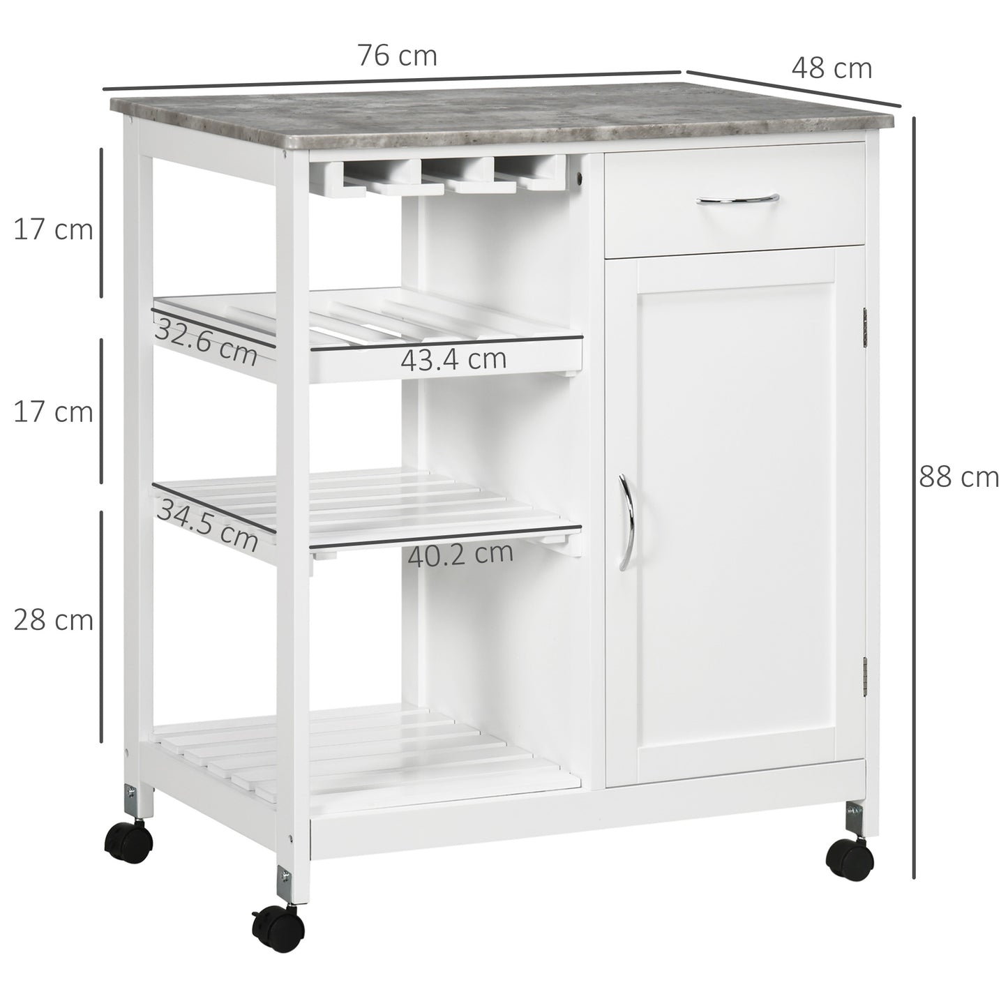 Kitchen Trolley Utility Cart W/ Wheel Wine Rack Open Shelf and Cabinet