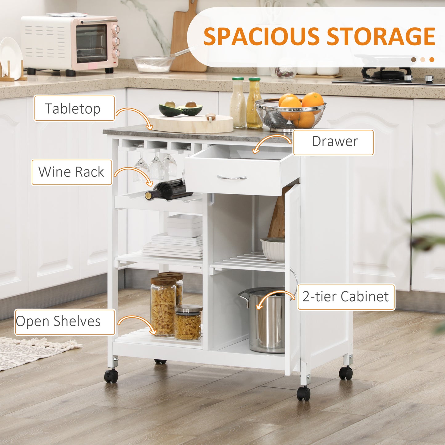 Kitchen Trolley Utility Cart W/ Wheel Wine Rack Open Shelf and Cabinet