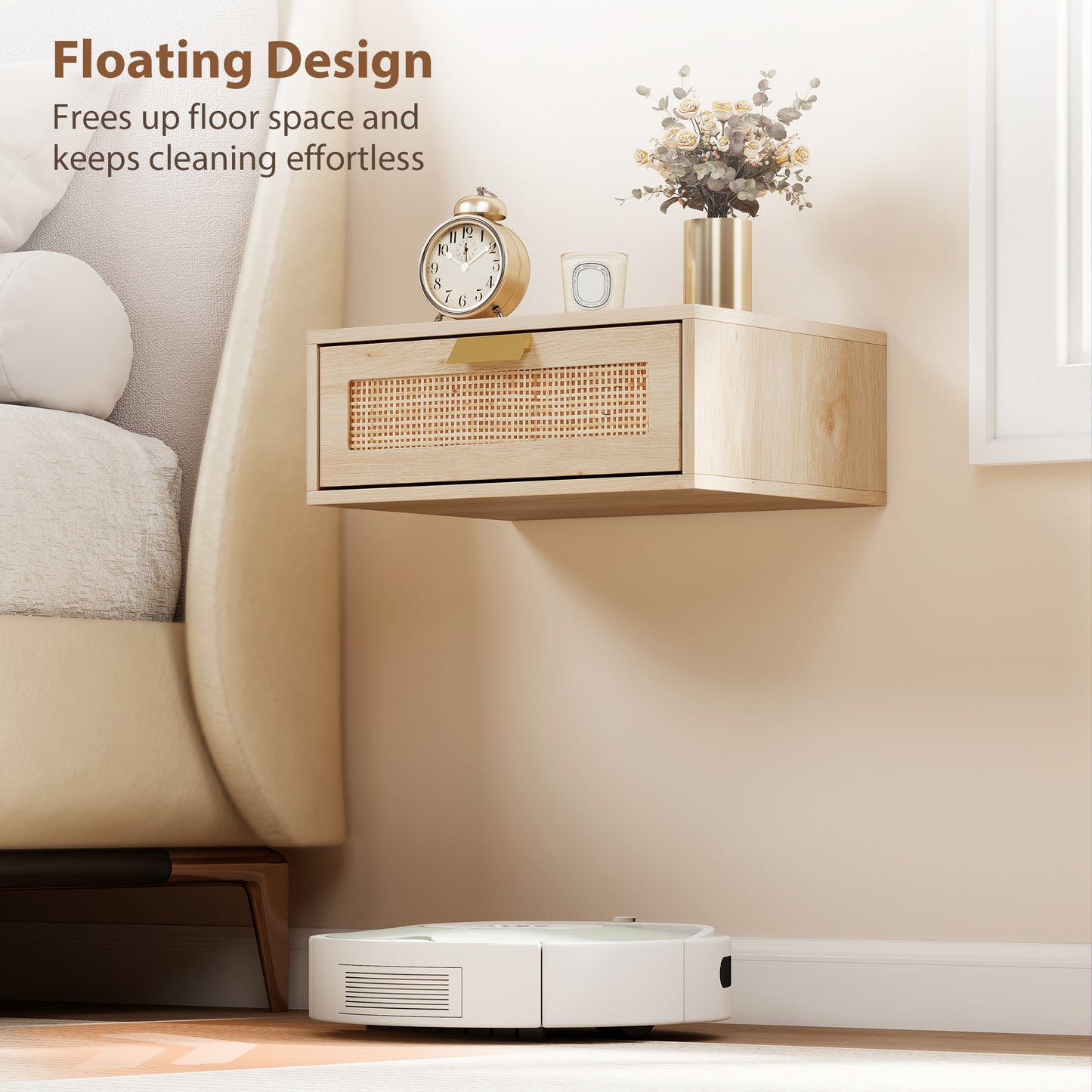 Floating Bedside Tables Set of 2, Boho Nightstands with Rattan Drawer