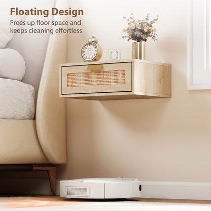 Floating Bedside Tables Set of 2, Boho Nightstands with Rattan Drawer