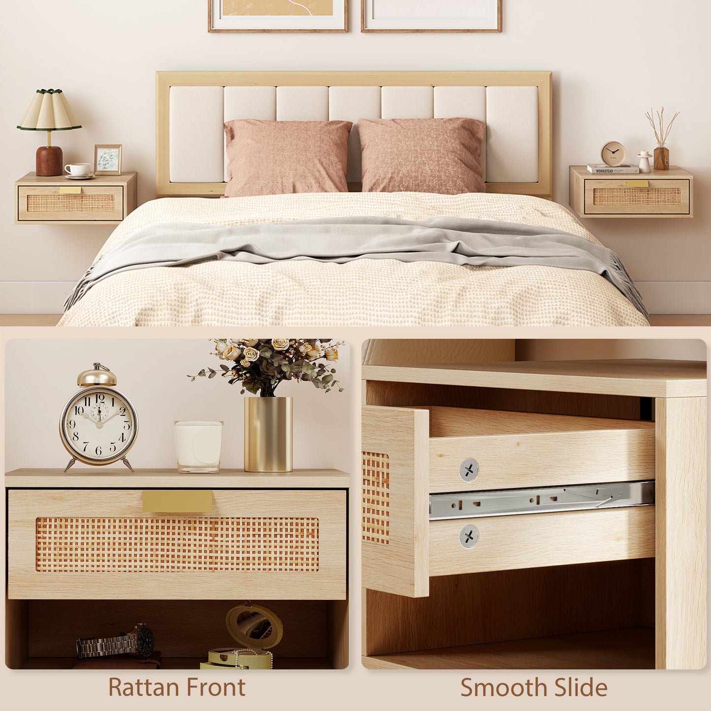 Floating Bedside Tables Set of 2, Boho Nightstands with Rattan Drawer