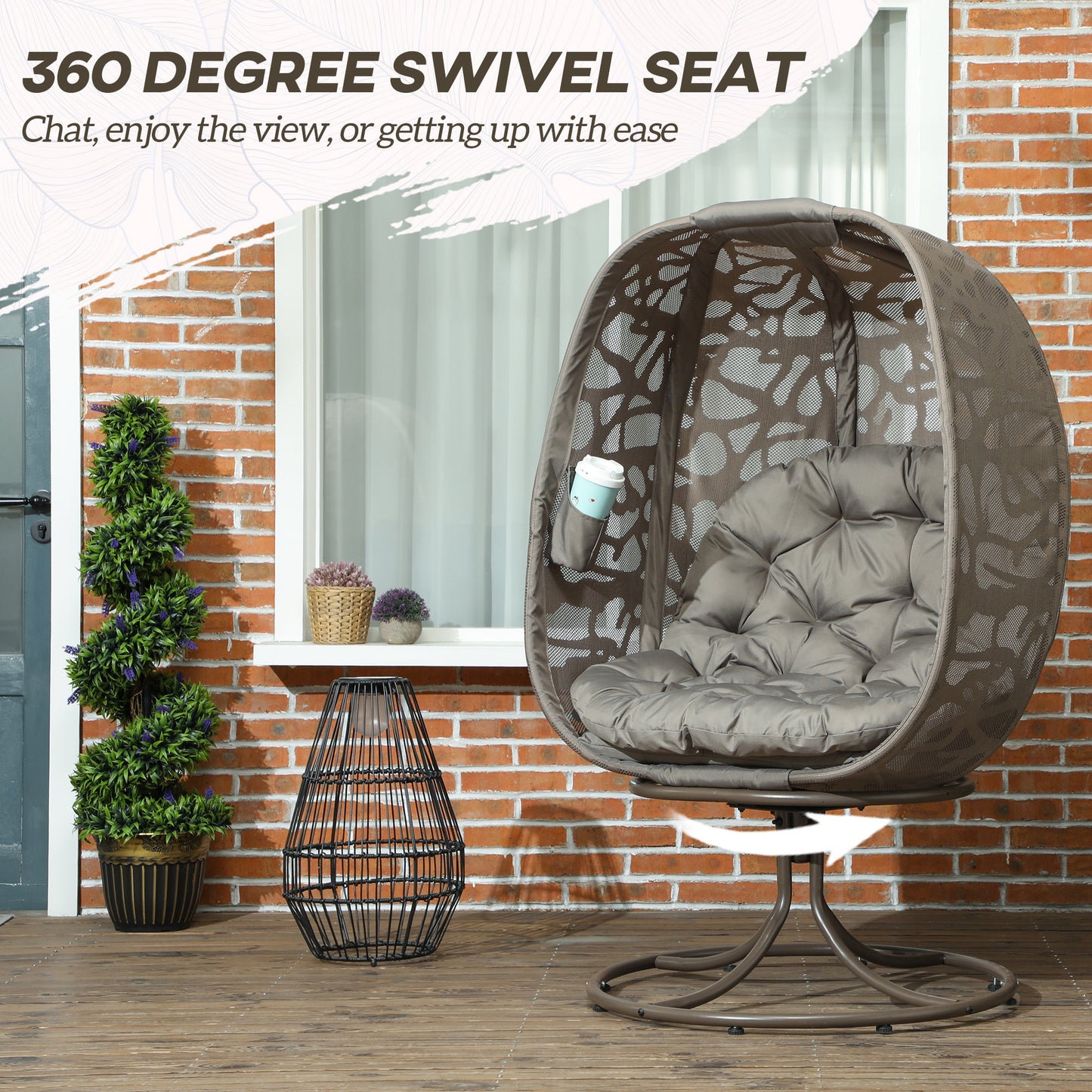 Foldable Egg Chair with Cushions, Indoor Outdoor Swivel Lounger, Sand