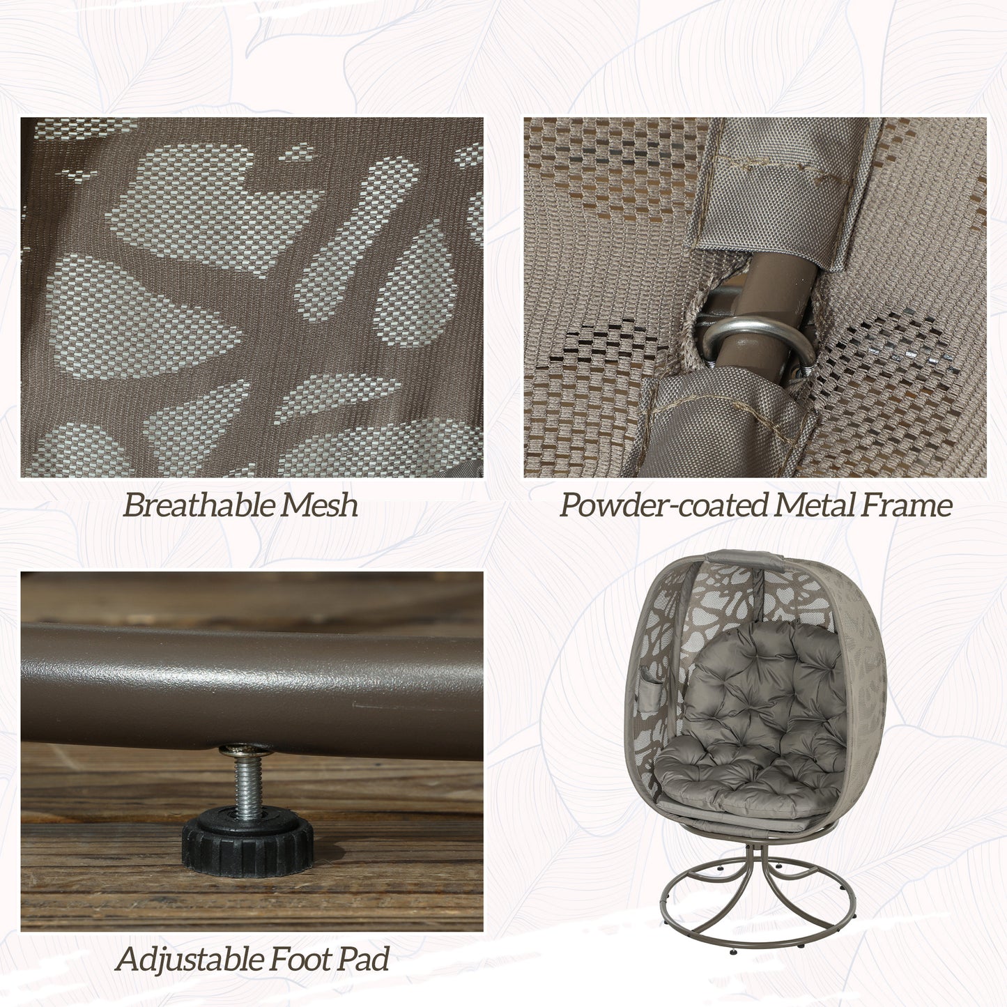 Foldable Egg Chair with Cushions, Indoor Outdoor Swivel Lounger, Sand