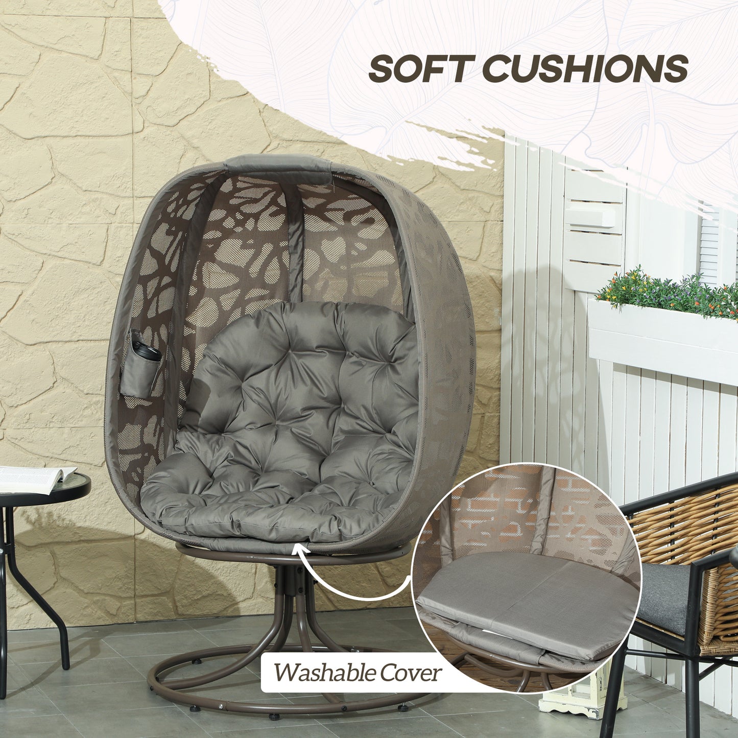 Foldable Egg Chair with Cushions, Indoor Outdoor Swivel Lounger, Sand
