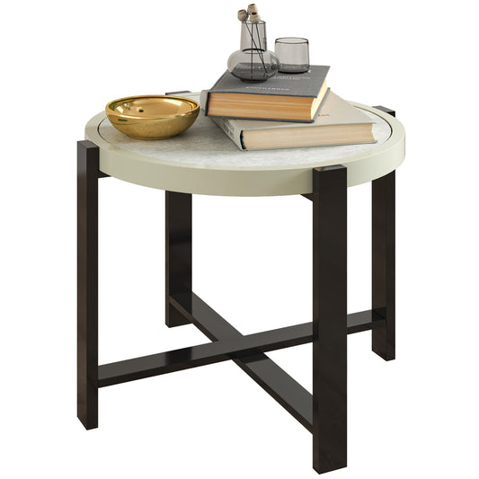 Round Small Garden Table with Faux Marble Glass Top, Light Grey