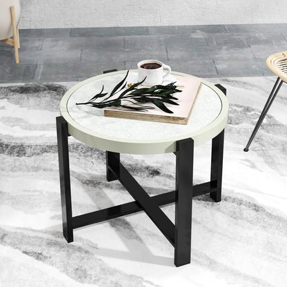 Round Small Garden Table with Faux Marble Glass Top, Light Grey