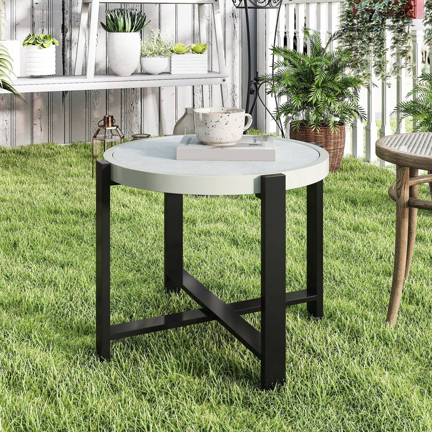 Round Small Garden Table with Faux Marble Glass Top, Light Grey