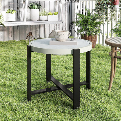 Round Small Garden Table with Faux Marble Glass Top, Light Grey