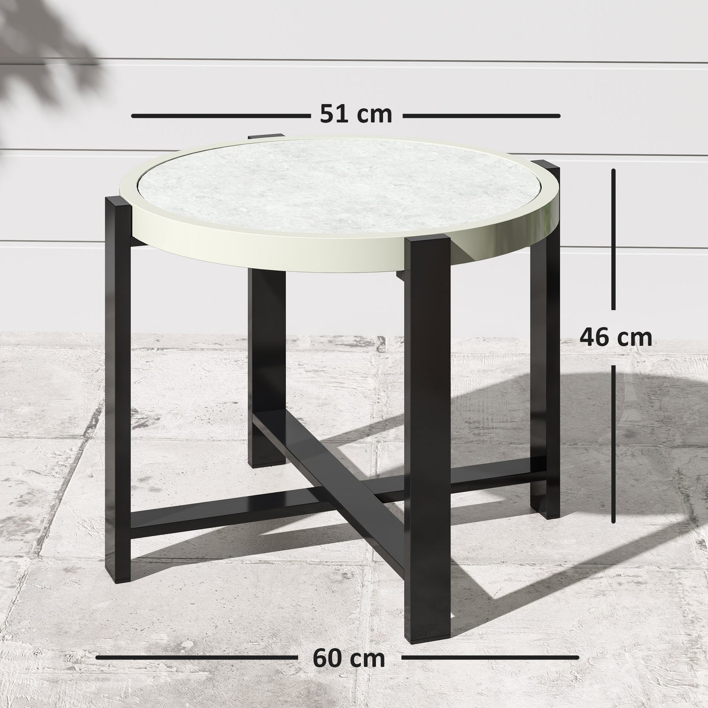Round Small Garden Table with Faux Marble Glass Top, Light Grey