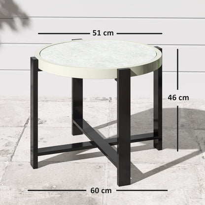 Round Small Garden Table with Faux Marble Glass Top, Light Grey